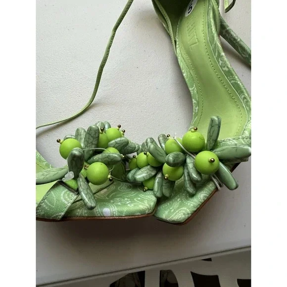 Schutz Sandals High Heel 4.5" Green Jeweled Front Ankle Wrap Size 5B - Picture 6 of 7